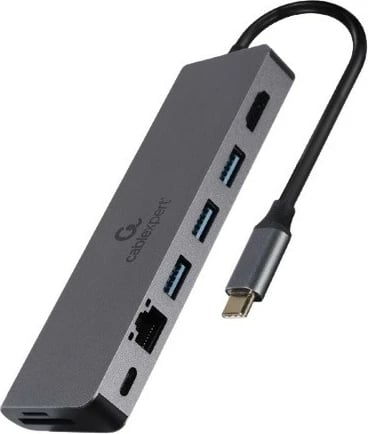 Kasë USB-C Gembird A-CM-COMBO5-05, 6 porte, HDMI, LAN, SD/microSD, Zezë/Argjendtë