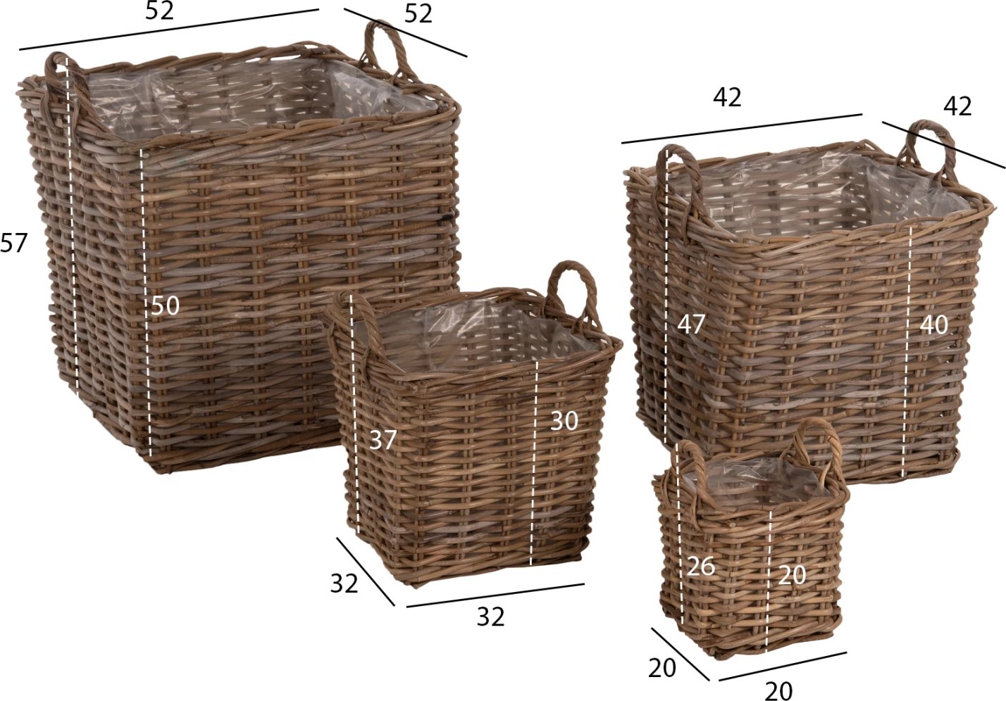 Shporta dekorative KATER 4PCS FH9657 KUBU rattan në gri 52x52x50-57Hcm