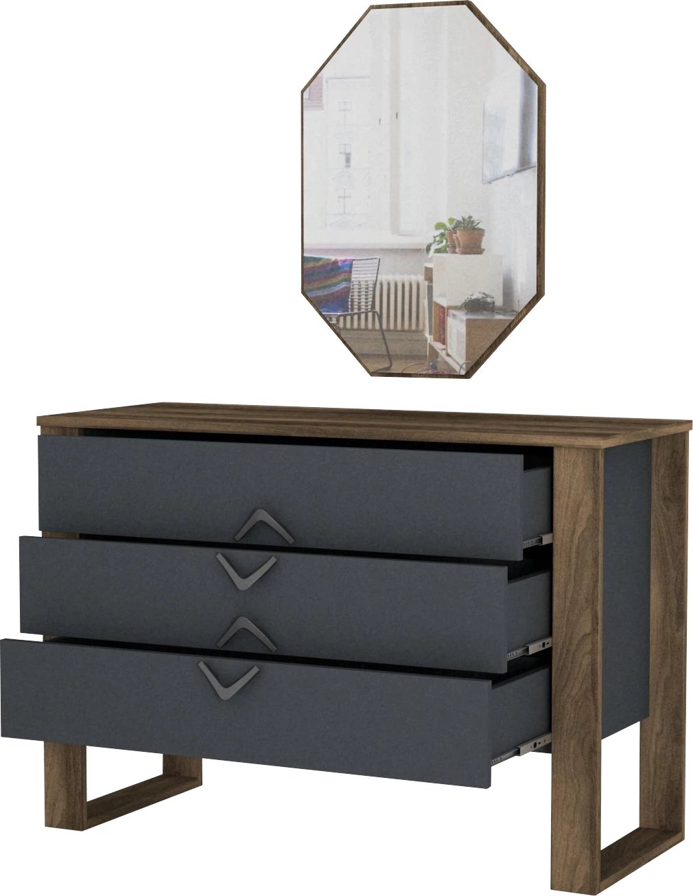 Komodë Hanah Home, Bumerang me pasqyrë, ngjyrë arrë dhe antracit