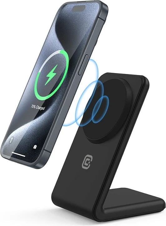 Karikues wireless 2-në-1 CRONG MagSpot Stand me MagSafe për iPhone dhe AirPods, 15W, i zi