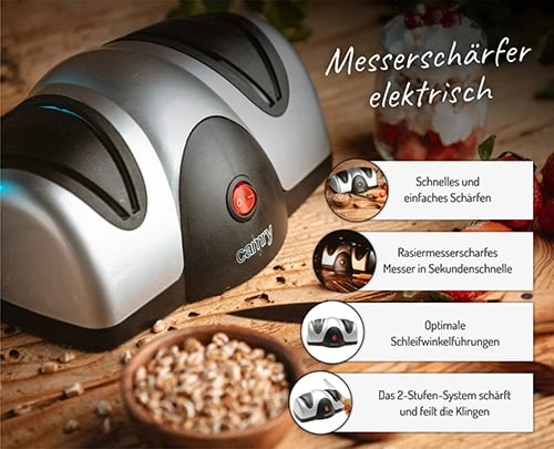 Mprehës elektrik thikash, Adler Camry, CR 4469, 2 faza, 40-60W, kënd udhëzues, këmbë antirrëshqitëse, argjendtë/zi