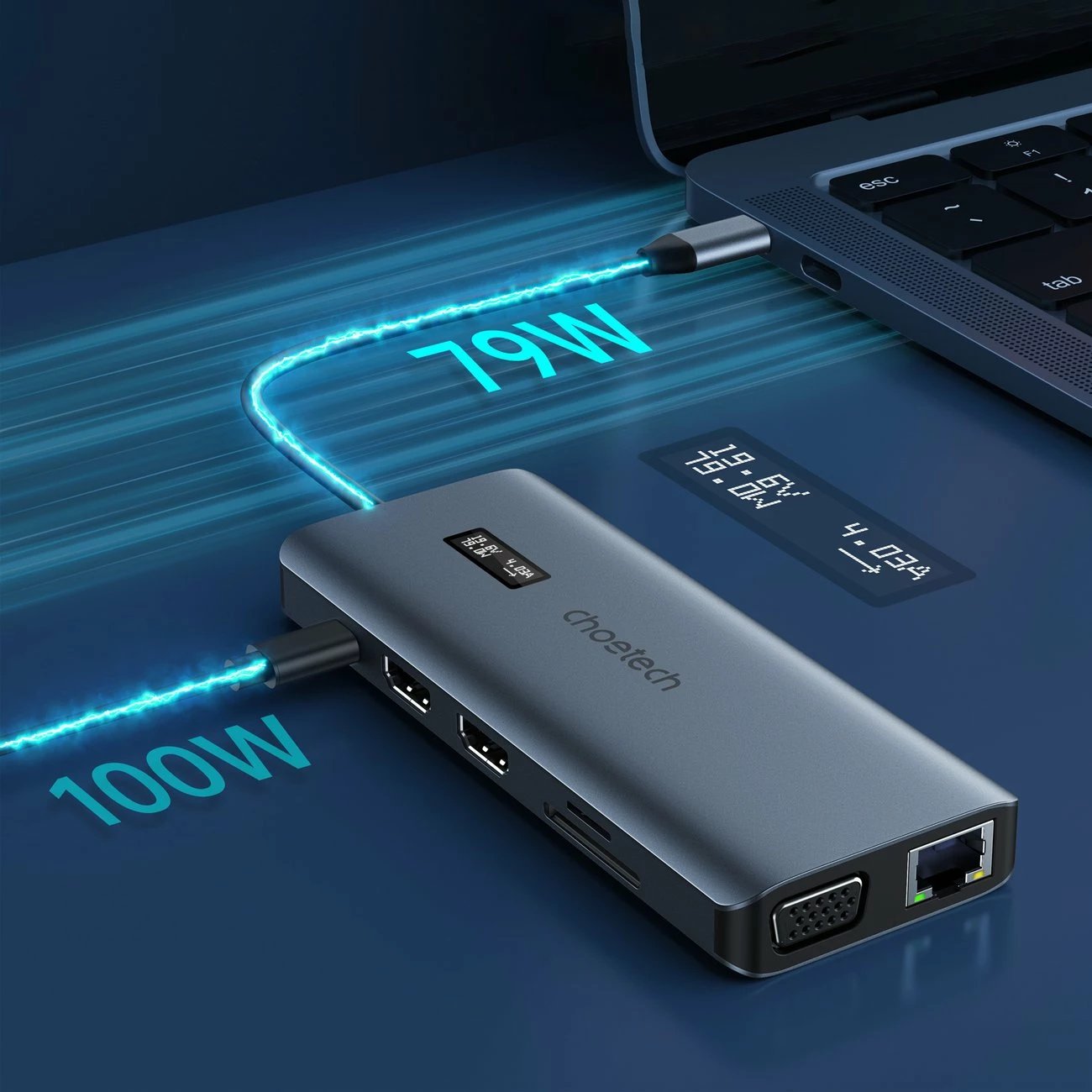 HUB multifunksional Choetech HUB-M26, 12-në-1, USB-C, HDMI, VGA, RJ45, Gri