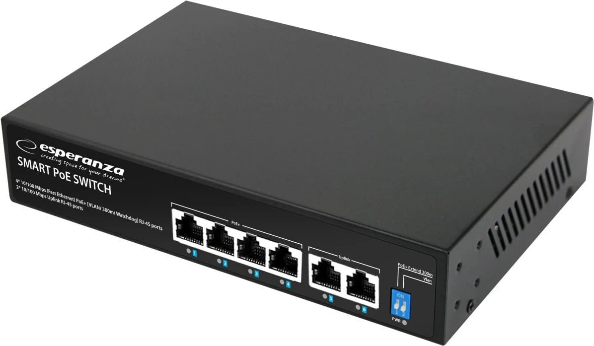 Switch Esperanza ENS105, 6 porta, PoE, 10/100, 60W, Zi