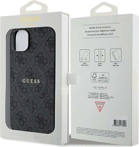 Mbështjellës Guess 4G Collection Leather Metal Logo MagSafe për iPhone 14/15/13, i zi