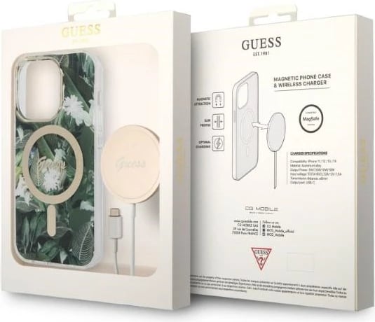 Set mbështjellës Guess Jungle Collection me karikues wireless MagSafe për iPhone 14 Pro 6.1", Gjelbër