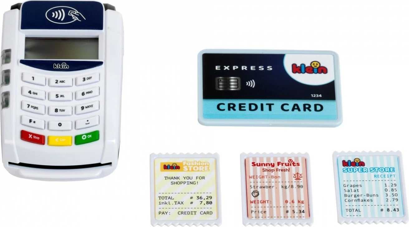 Terminal pagese lodër Klein 7266, plastikë, i bardhë, me kartë krediti dhe fatura lodër
