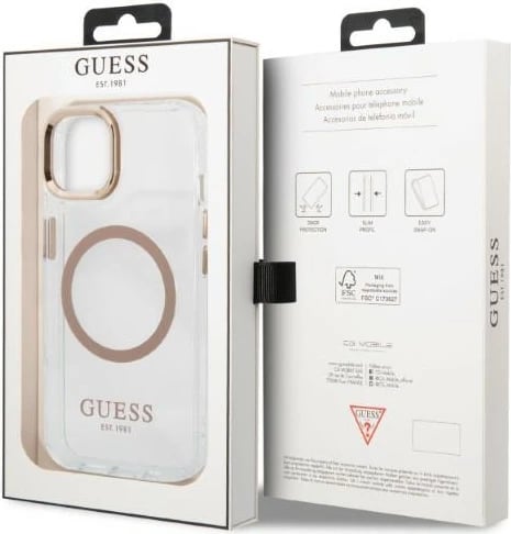Mbështjellës Guess GUHMP13MHTRMD për iPhone 13 6.1", Metal Outline Magsafe, Ari/Transparent
