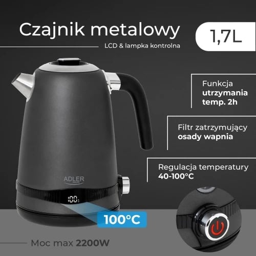 çajnik elektrik, Adler, AD1295, 1.7L, LCD me rregullim temperature 40–100°C, funksion keep warm 2 orë, inoks, gri