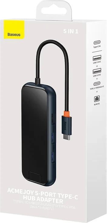 Kasë Baseus AcmeJoy 5-Port HUB Adapter USB-C, 2x USB 3.0, USB 2.0, USB-C PD, RJ45, Gri