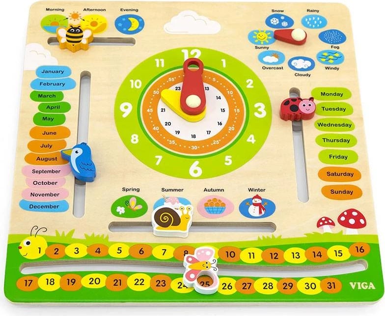 kalendar druri edukativ, Viga, orë analoge dhe mësim i muajve, ditëve, stinëve e motit, 300x300 mm, multicolor