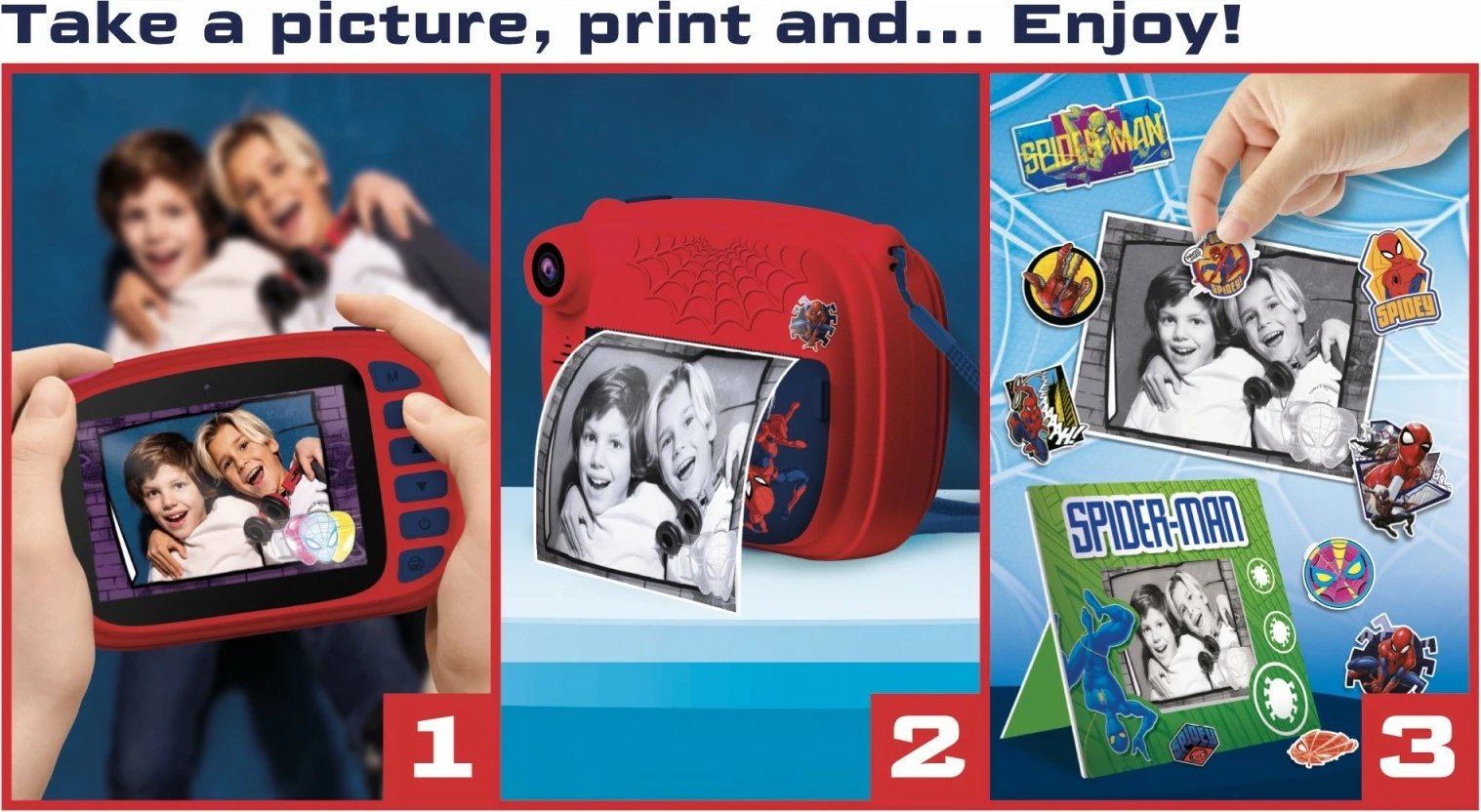 Aparat fotografik për fëmijë Lisciani Spiderman Print Cam, me ekran LCD, dy kamera, Blu/Kuqe