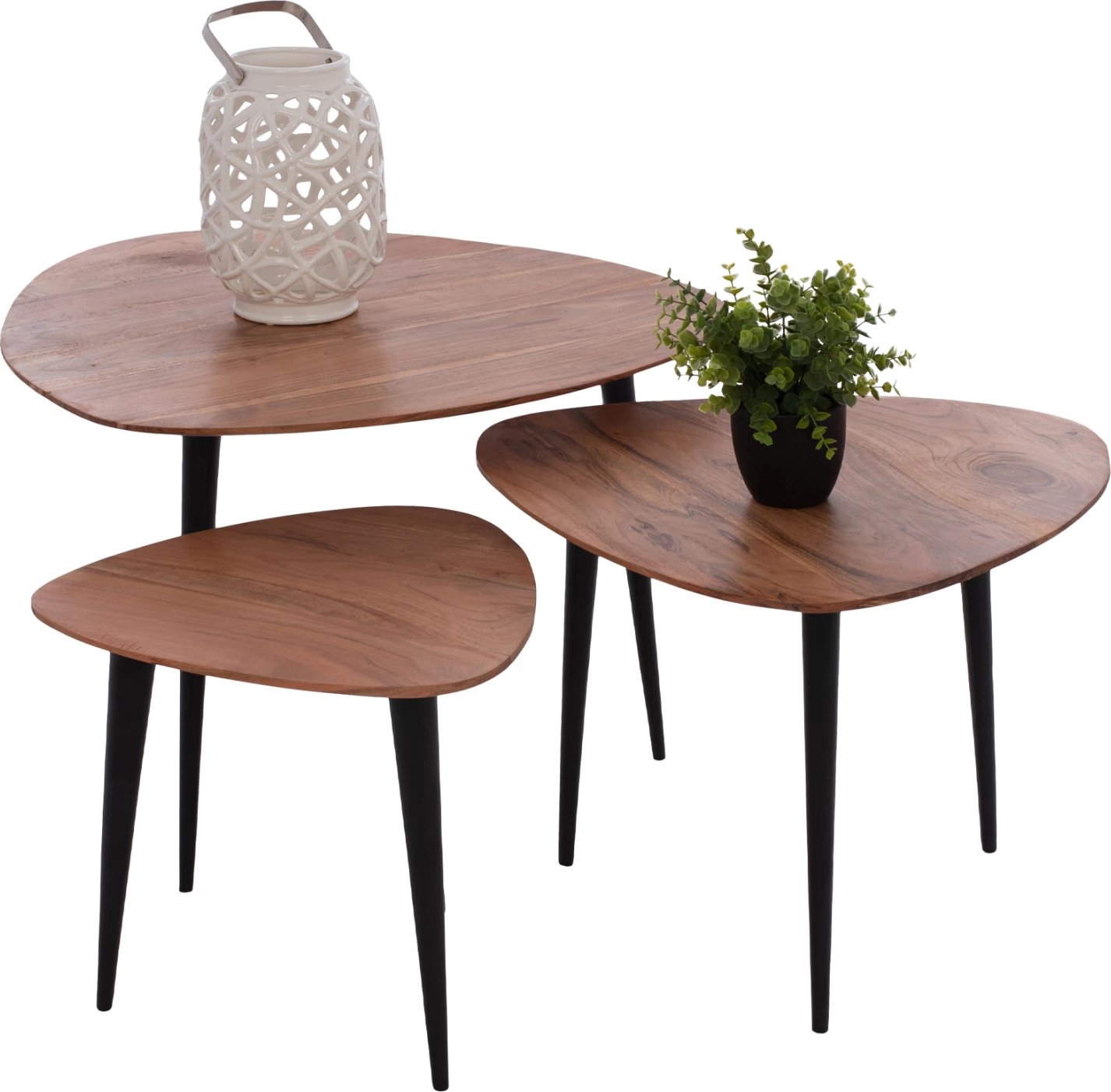 Set 3 tavolina zigon EMILIANO, dru akacie, këmbë metalike të zeza, FH9256, 69.5x67x46cm