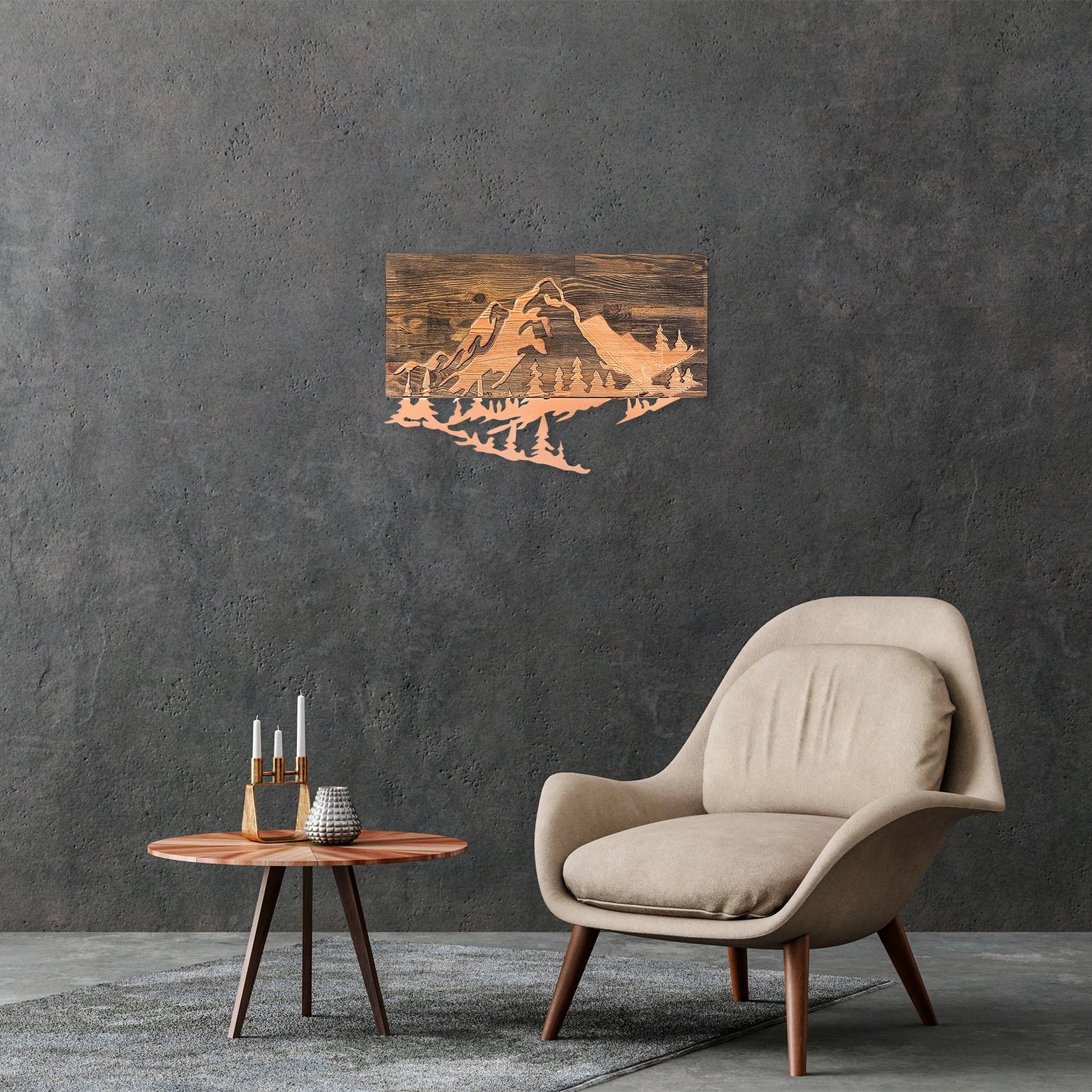 Aksesor dekorativ për mur, dru dhe metal, Wallity, Mountain v2, ngjyrë arre dhe bakri