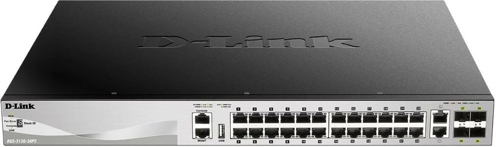 Switch, D-Link DGS-3130-30PS/E, 24x Gigabit PoE, 4x SFP+ 10Gb, 2x 10Gb, L2/L3, rack