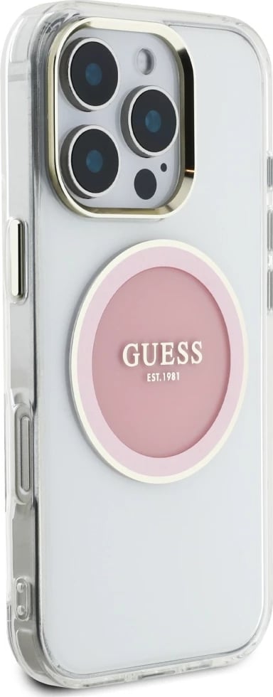 Mbështjellës Guess IML Metal Colored Circle Classic Logo MagSafe për iPhone 16 Pro, Rozë