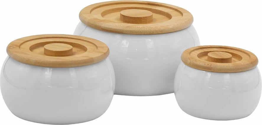 Set kavanozash për ruajtje, 3 copë, porcelan i bardhë, kapak bambuje, 16x16x23