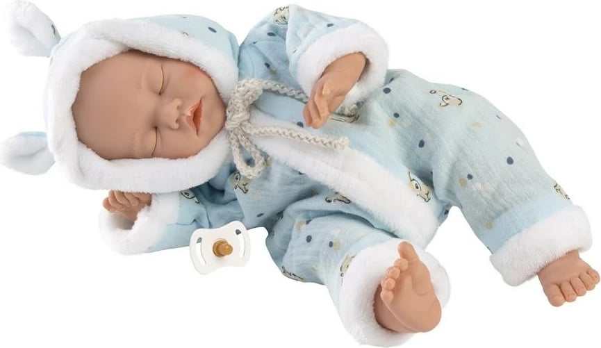 Kukull bebe djalë, Llorens, 63301, 31 cm, gjymtyrë e kokë lëvizëse, me smoc dhe veshje njëpjesëshe, blu