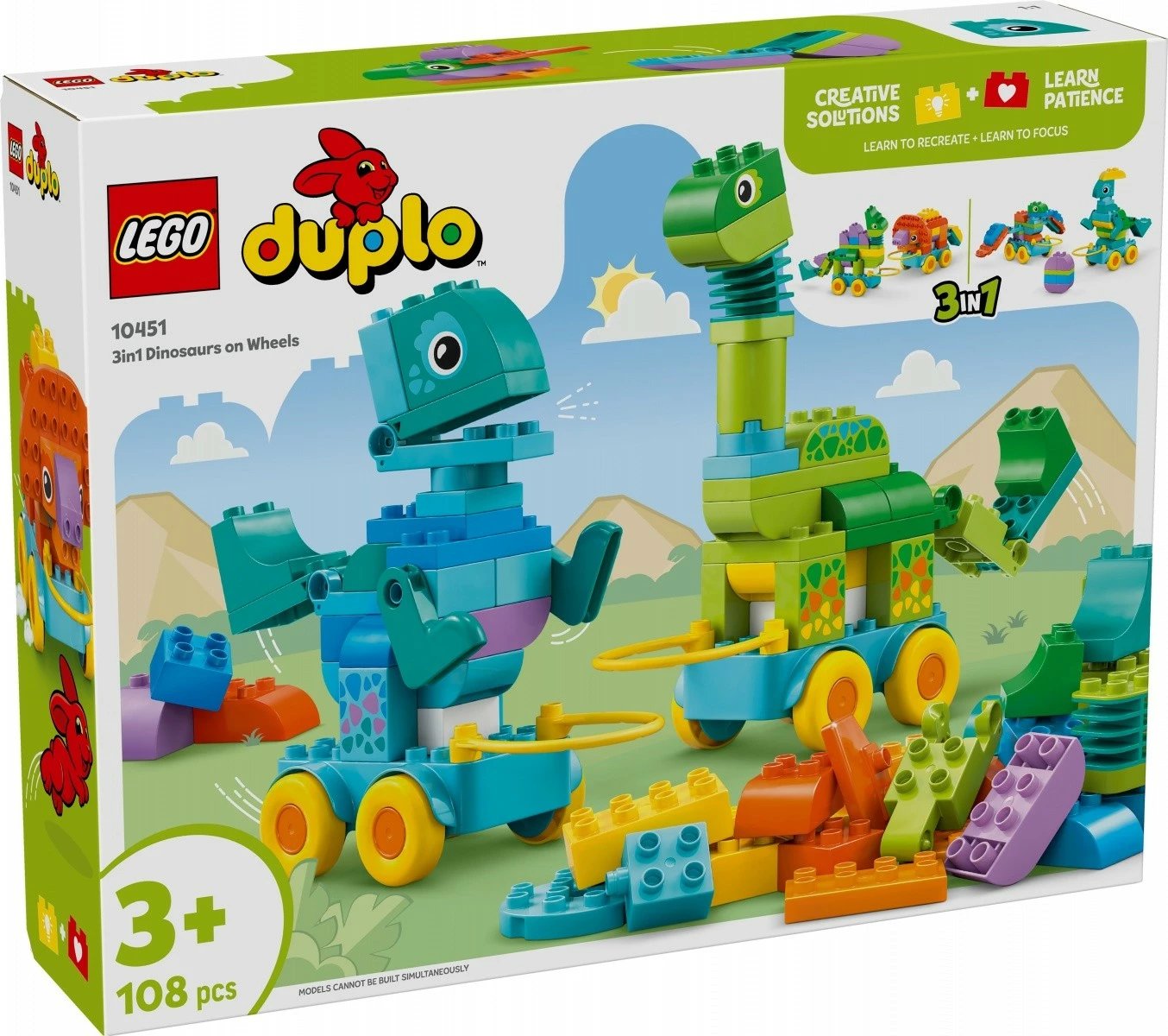 Set lodrash LEGO DUPLO 3-në-1 Dinosaurë me rrota, 108 pjesë, për fëmijë, shumëngjyrësh
