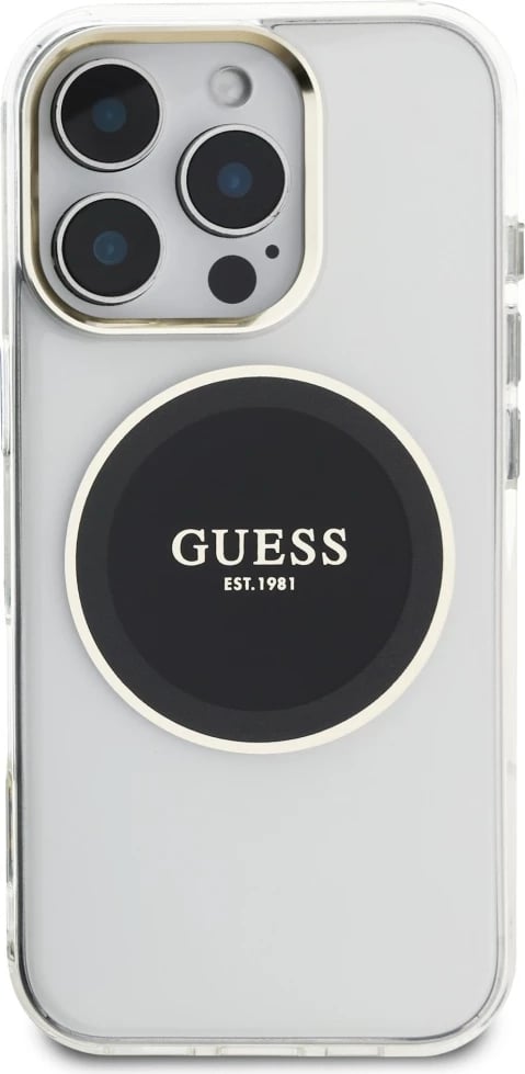 Mbështjellës Guess IML Metal Colored Circle Classic Logo MagSafe për iPhone 16 Pro, zi