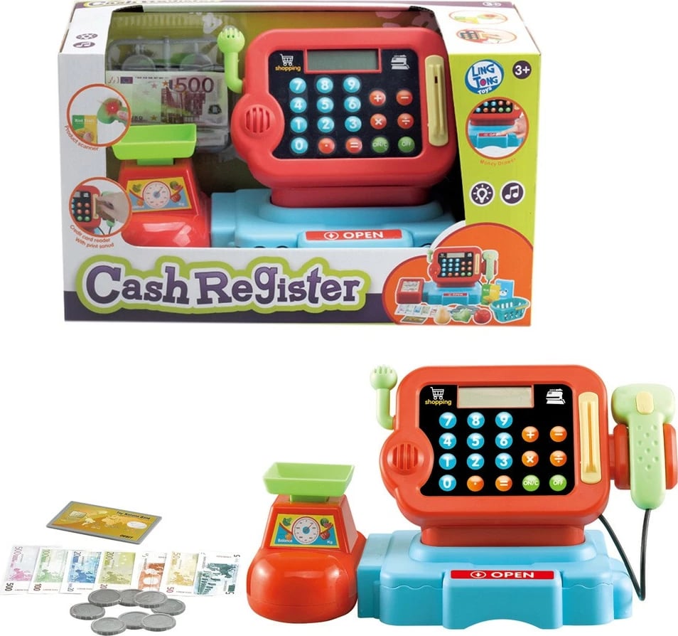 Kasë lodër për fëmijë ASKATO 121741, me skaner, peshore dhe para, Blu/Gjelbër/E kuqe