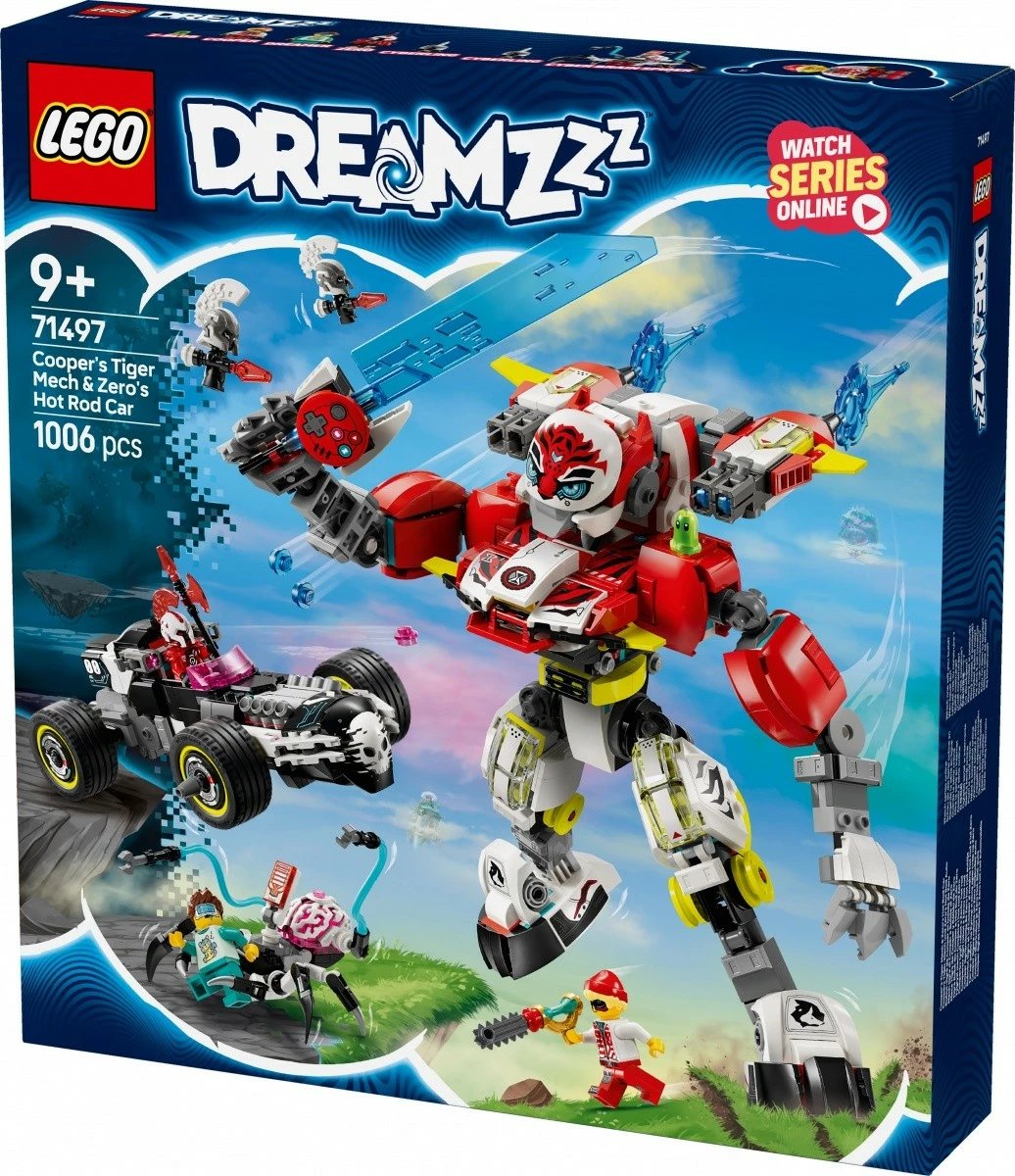 Set LEGO DREAMZzz Tiger Mech Cooper dhe Hot Rod Zero 71497, 1006 pjesë, plastikë, për fëmijë 9+ vjeç, ekstra i madh