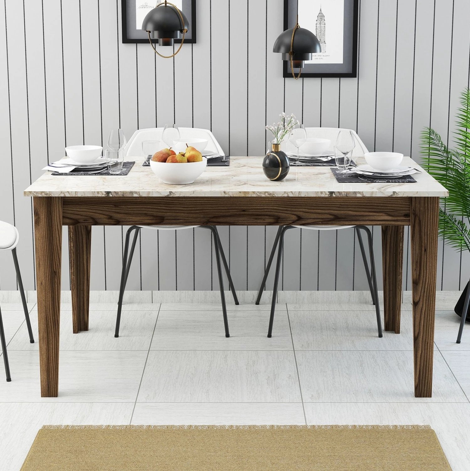 Tavolinë ngrënieje standarde, pamje mermeri të bardhë, me hapësirë ruajtjeje, FH9507.03, 145x88x75H cm