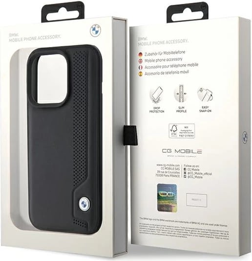 Mbështjellës BMW Leather Blue Dots për iPhone 15 Pro Max, i zi