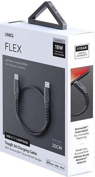 Kabllo UNIQ Flex USB-C në Lightning, 30cm, 18W, najlon, Gri