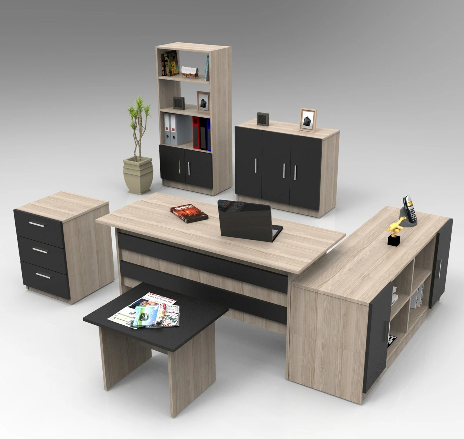 Set mobiljesh për zyre, ngjyrë lisi dhe e zezë, VO17-OB