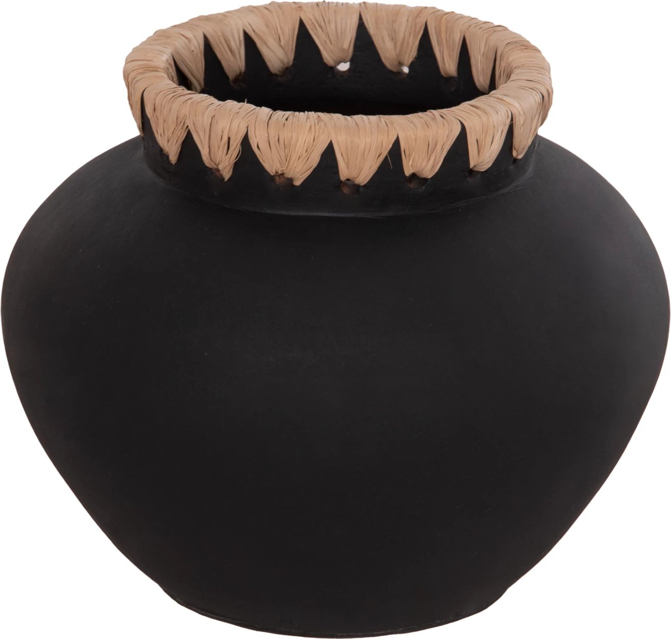 Vazo dekorative RENTON(S), terrakotë, FH4733, ngjyrë e zezë, me thurje kashte në buzë, Φ23x19H cm