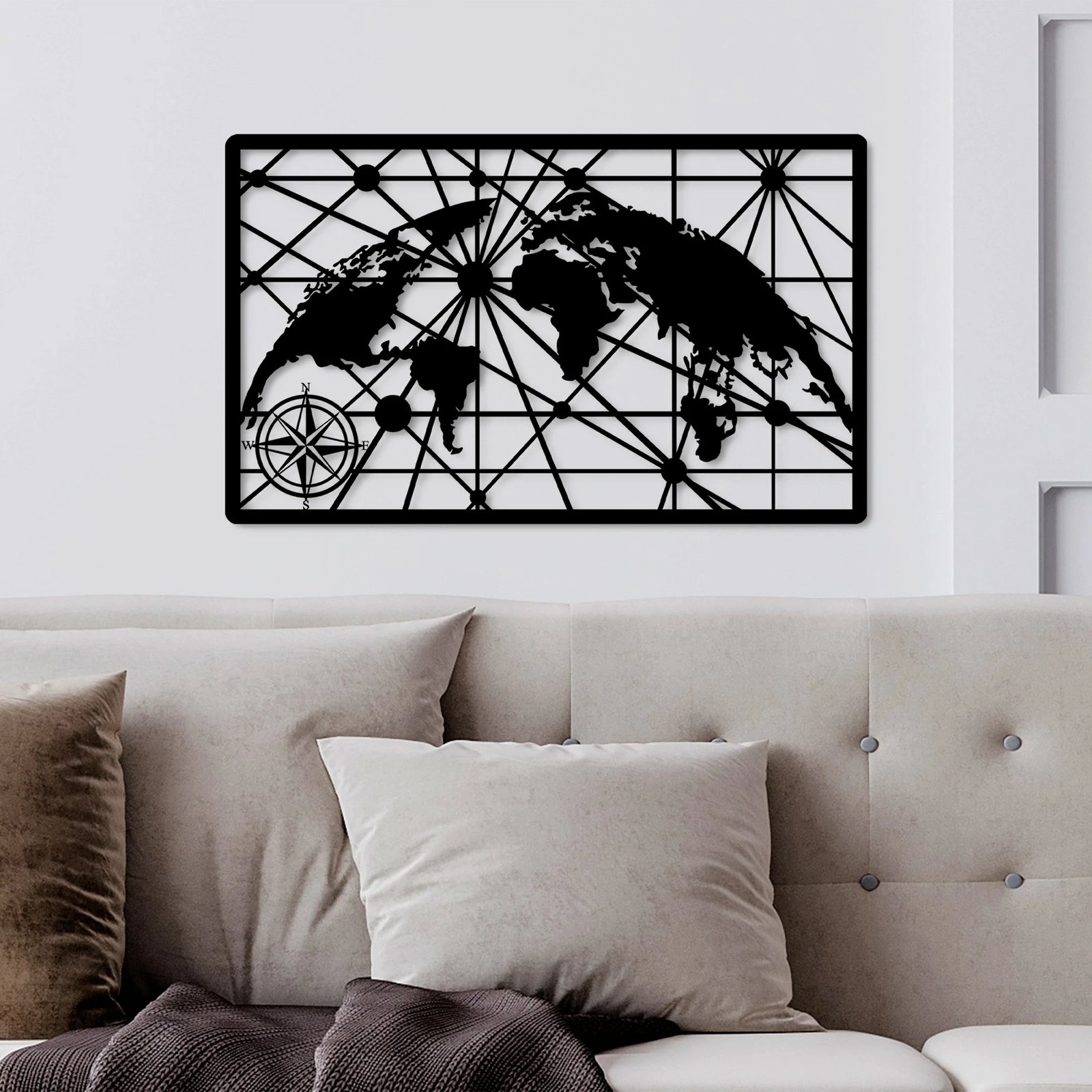 Aksesor dekorativ metalik për mur, hartë bote, Wallity, 40x66cm, e zezë