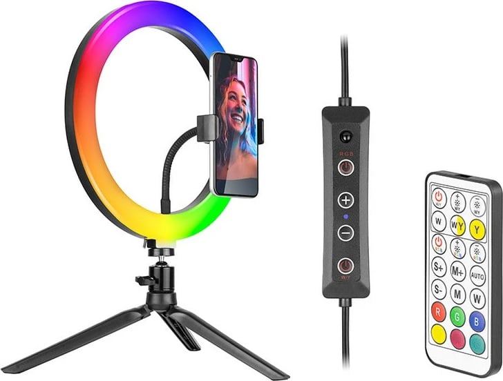 Ring Light Tracer TRAOSW46807 me tripod, 26 cm, RGB, me telekomandë, e zezë