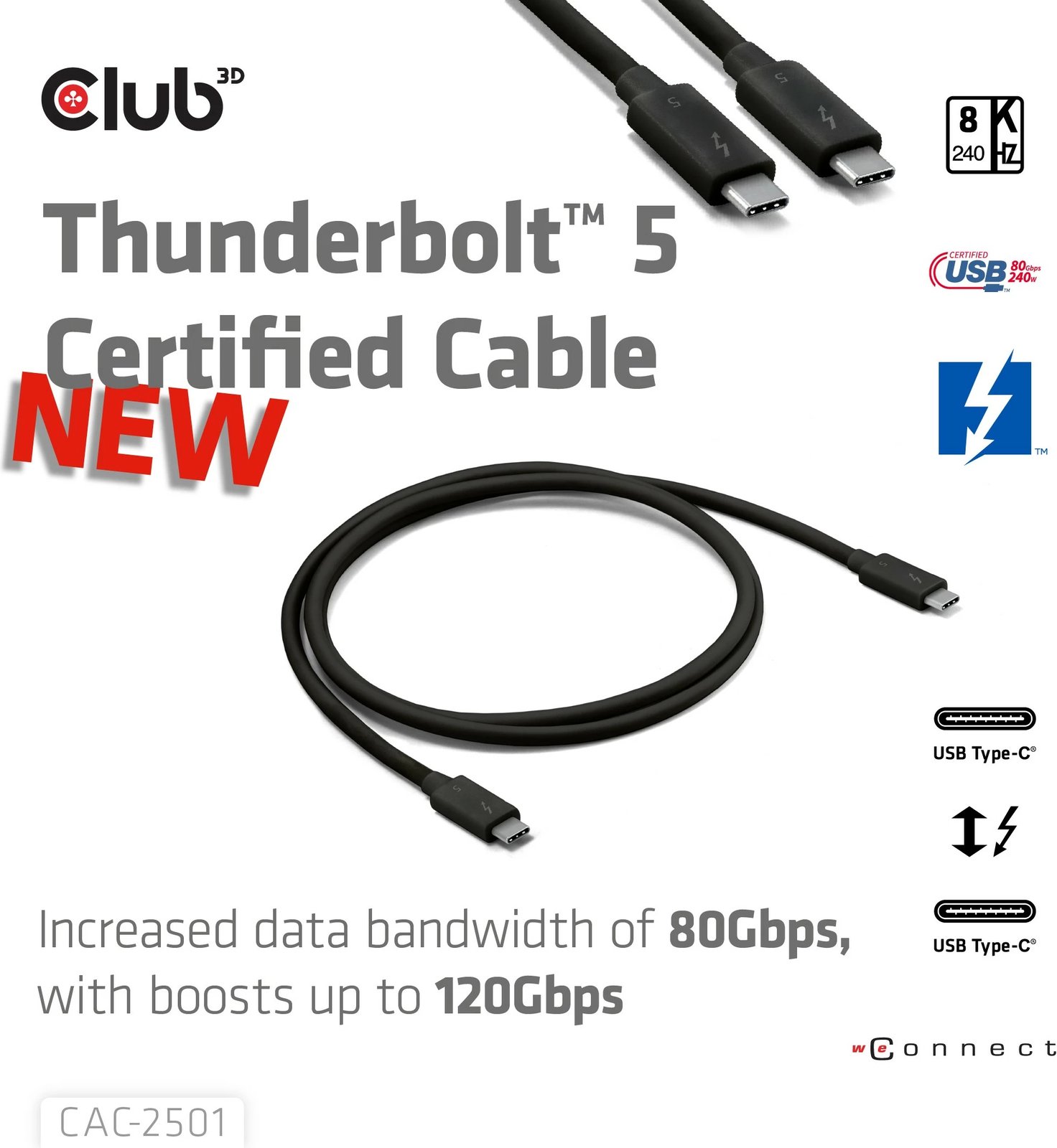 Kabllo Thunderbolt 5 Club3D 1m, 8K240Hz, 80/120Gbps, USB Type-C, e zezë
