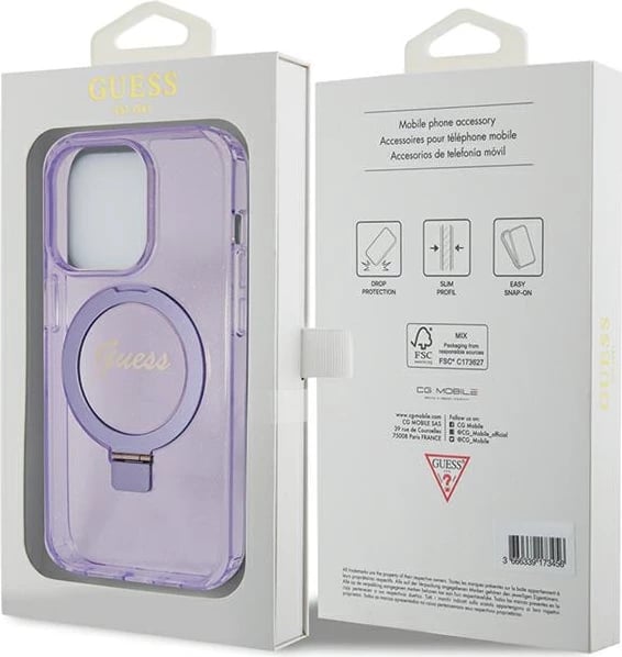 Mbështjellës Guess Ring Stand Script Glitter MagSafe për iPhone 15 Pro Max, vjollcë