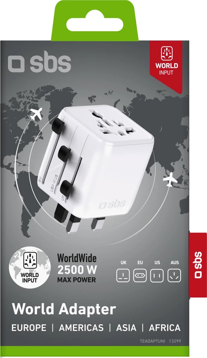 Adapter universal udhëtimi, SBS, prizë shumë-standarde EU/UK/US/AU, 10 A, e bardhë