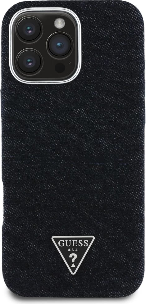Mbështjellës Guess Denim Triangle Logo MagSafe për iPhone 16 Pro Max, Zi