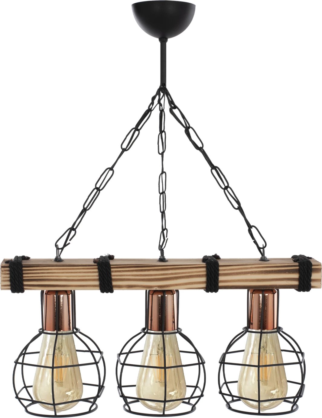 Llambë tavani me 3 drita, me dru dhe rrjeta metali, 50x16x65H cm, FH7682.01