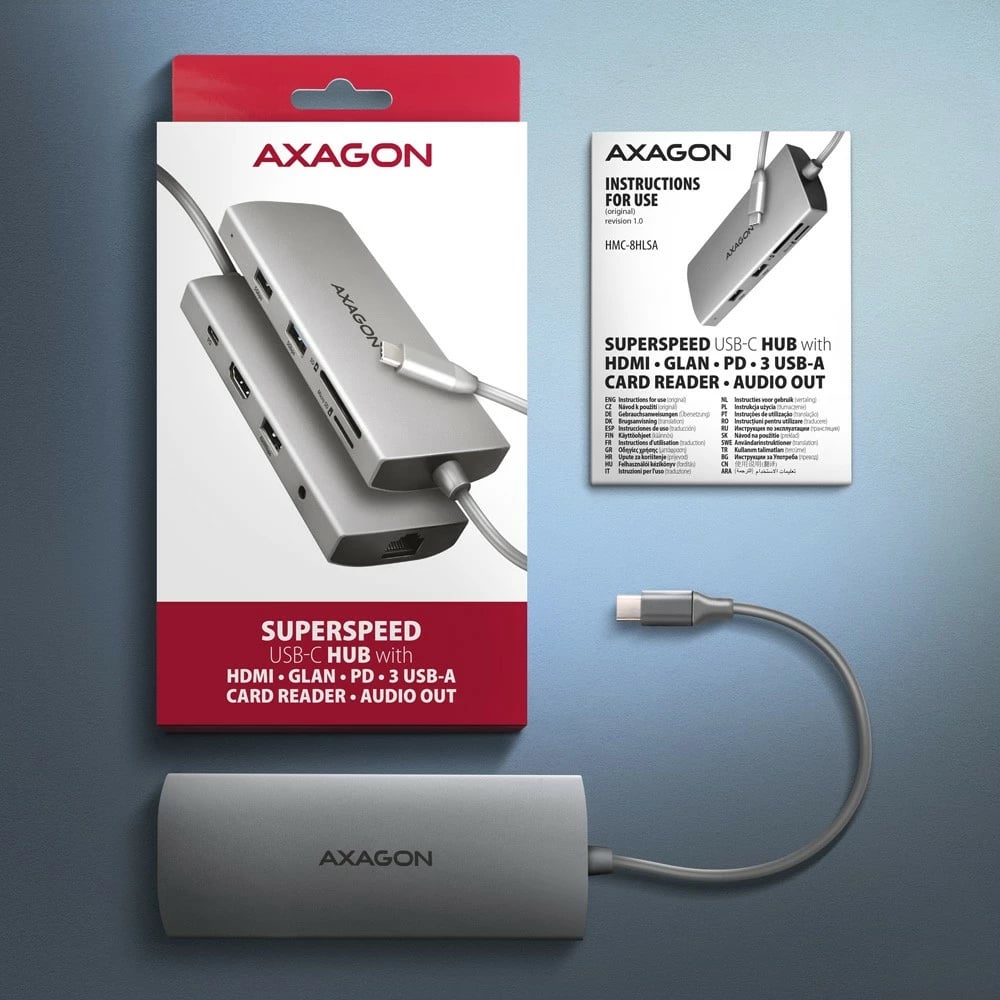 Hub multiport AXAGON HMC-8HLSA, 9-në-1, USB-C, HDMI 4K, 3x USB-A, SD/microSD, GLAN, Audio, PD 100W, 20cm, Gri