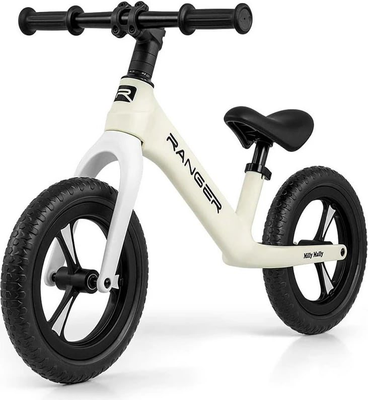 Biçikletë pa pedale fëmijësh, Milly Mally Ranger, rrota 12" EVA, kornizë kompozite, ulëse e rregullueshme, e bardhë