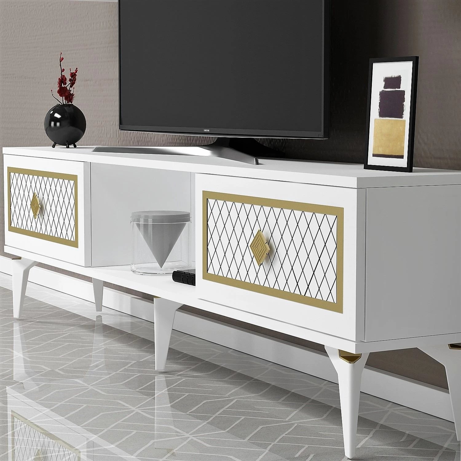 Komodë TV Skye Decor, e bardhë, ar
