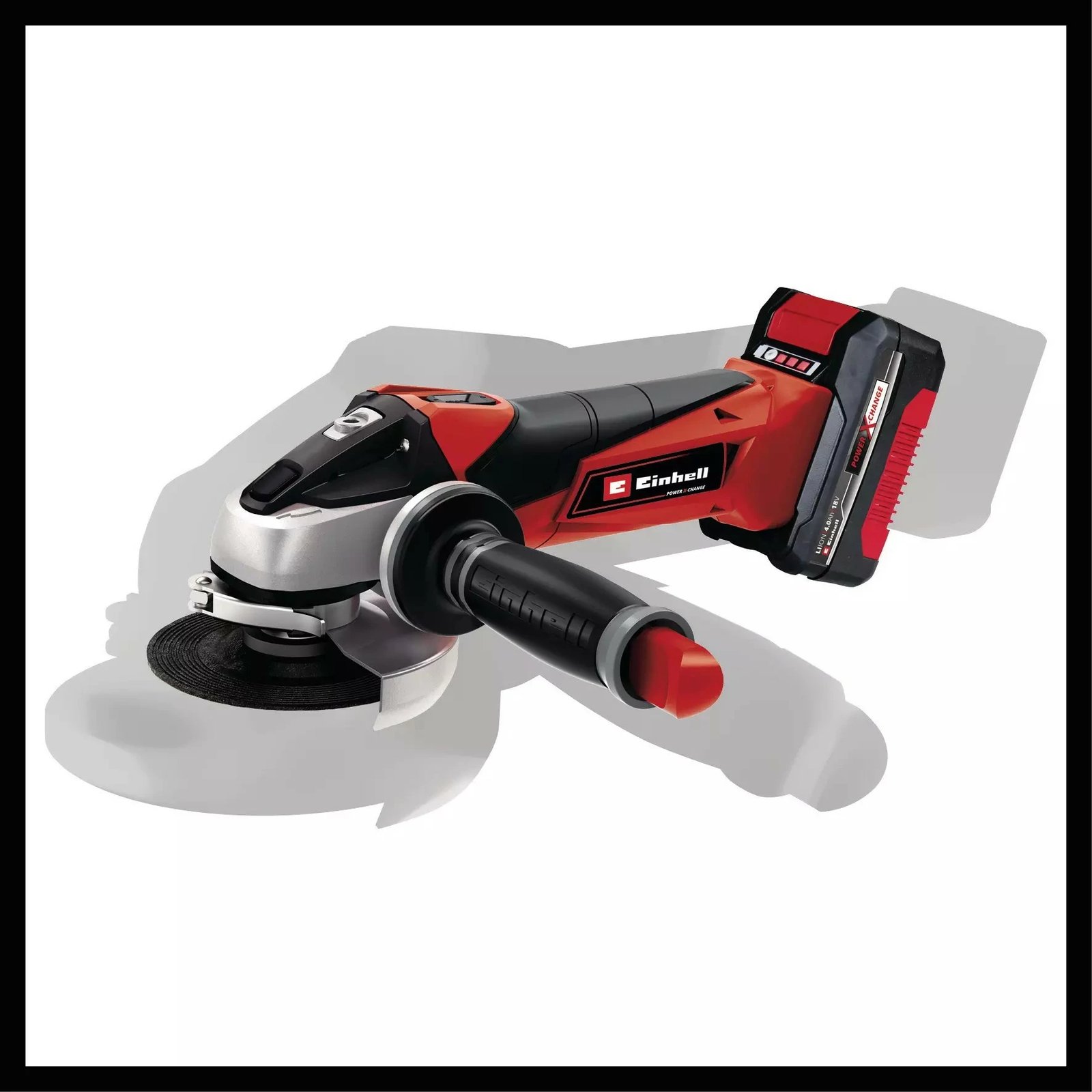 Brushe këndore Einhell TE-AG 18/115 Li, 18V, 2.5Ah, 8500 RPM, pa kabllo, zi/kuqe/argjend