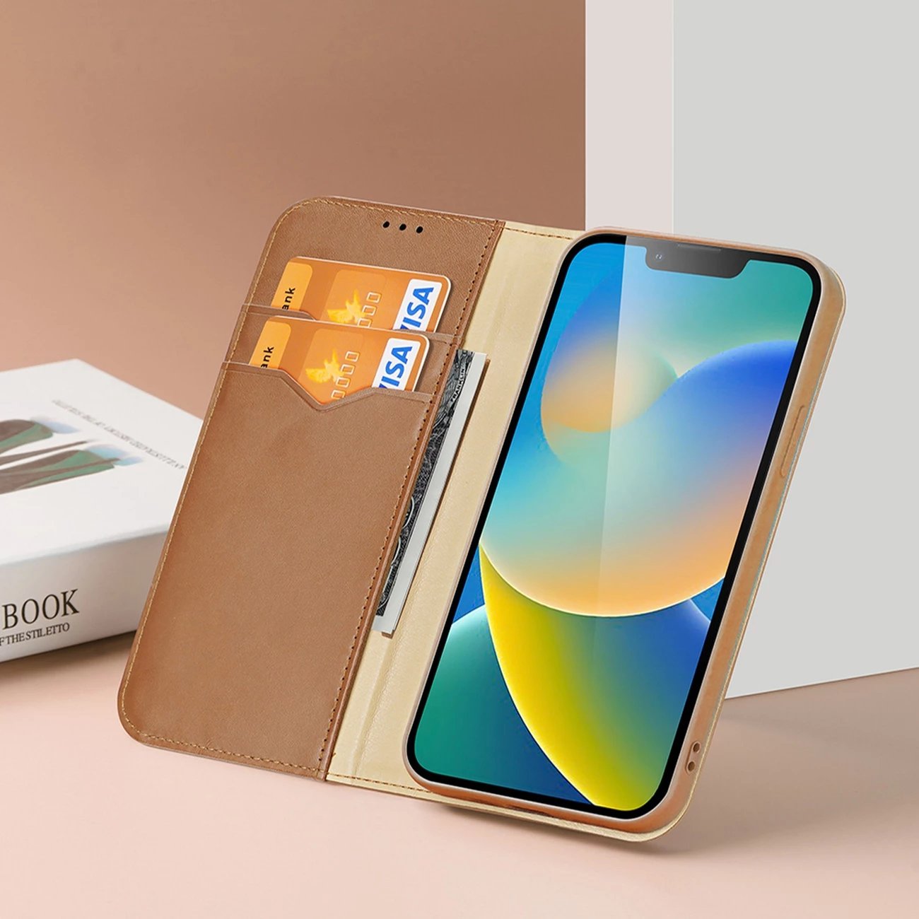 Mbështjellës Dux Ducis Hivo për iPhone 14 Plus, lëkurë natyrale, me xhepa dhe mbrojtje RFID, Kuq