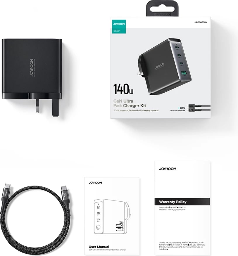Karikues mur Joyroom JR-TCG05UK GaN, 140W, 3x USB-C, 1x USB-A, me kabllo USB-C/USB-C 240W 1.2m, i zi