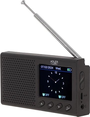 Radio portative FM, Adler AD 1198, Bluetooth 5.0, ekran LCD me ngjyra 2.4", memorie 20 stacione, bateri 1200 mAh