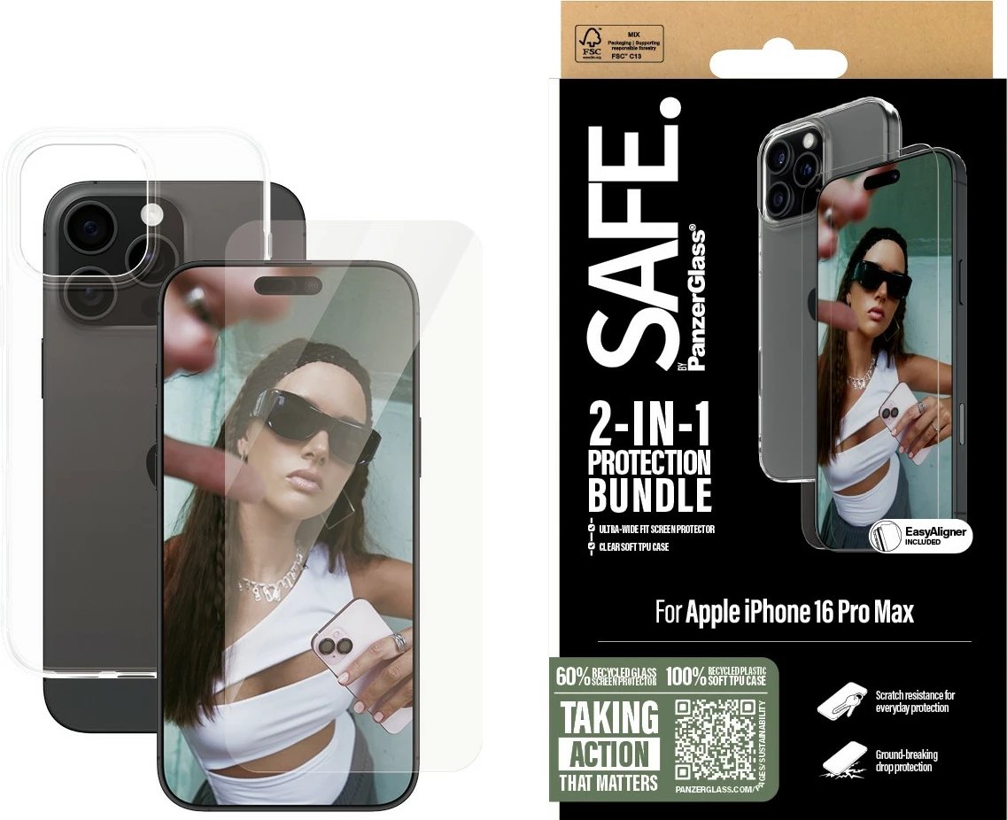 Mbështjellës PanzerGlass SAFE 2-in-1 për iPhone 16 Pro Max, transparent