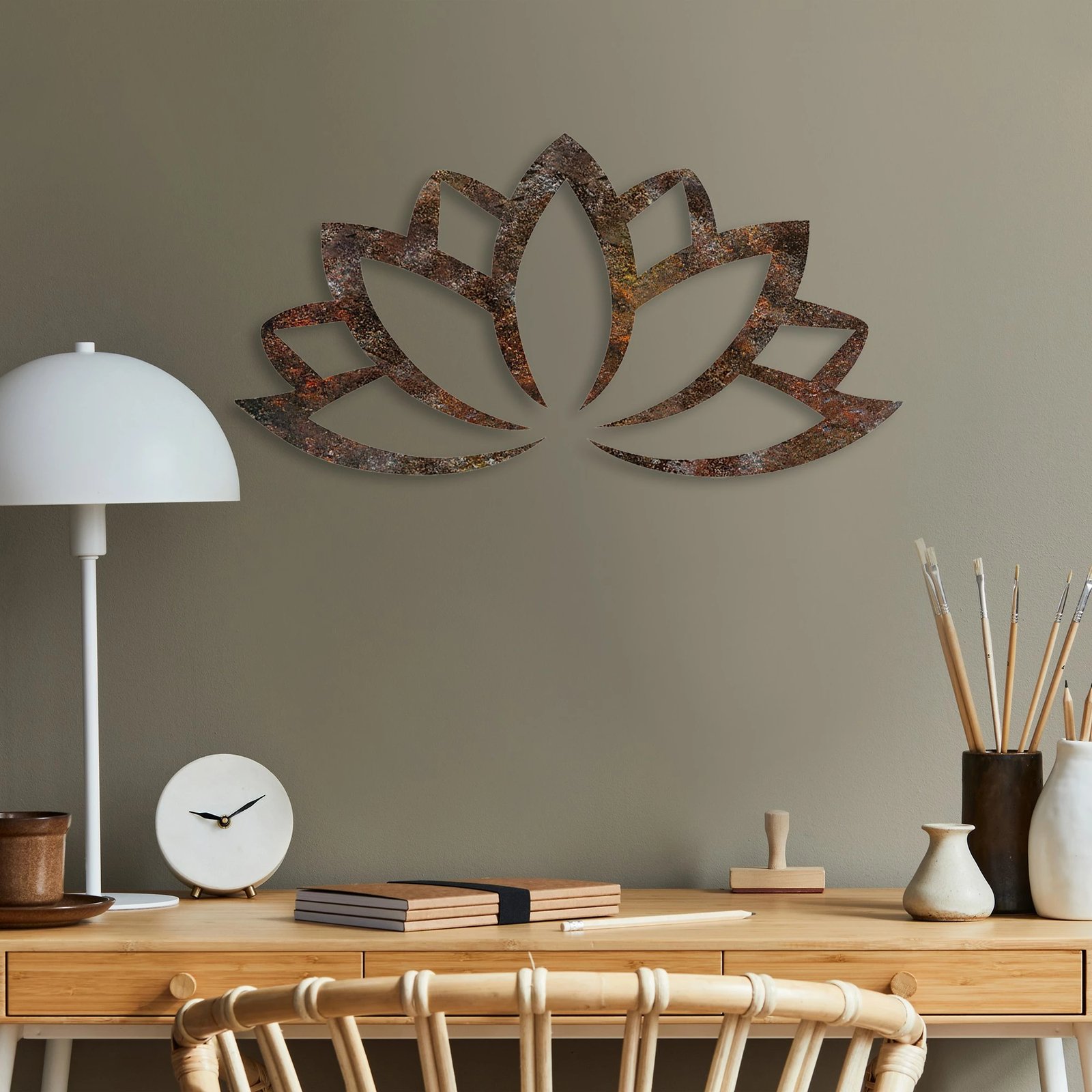 Aksesor dekorativ metalik për mur, lotus i ndryshkur, Wallity