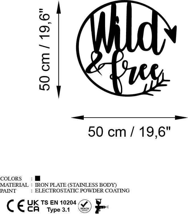 Aksesor dekorativ metalik për mur, Wallity, Wild & Free, ngjyrë e zezë, 50x50cm