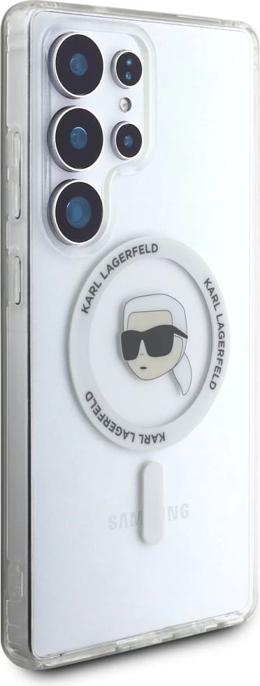 Mbështjellës Karl Lagerfeld Button Karl Head Printed Logo MagSafe për Samsung Galaxy S25 Ultra, Bardhë
