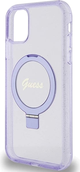 Mbështjellës Guess Ring Stand Script Glitter MagSafe për iPhone 11/XR, vjollcë