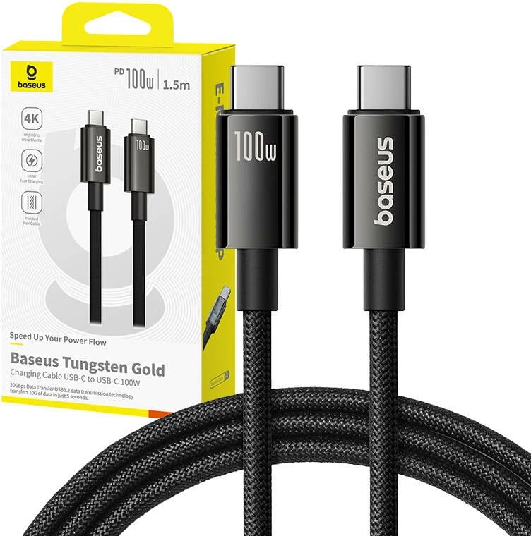 Kabllo USB-C në USB-C Baseus Tungsten Gold, 1.5m, 100W, e zezë Kabllo USB-C në USB-C Baseus Tungsten Gold, 1.5m, 100W, e zezë